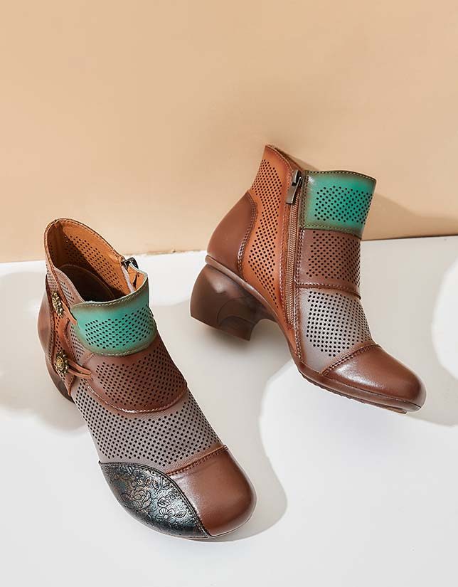 Handgemaakte Hollow Vintage Chunky Booties Met Kleurblokken