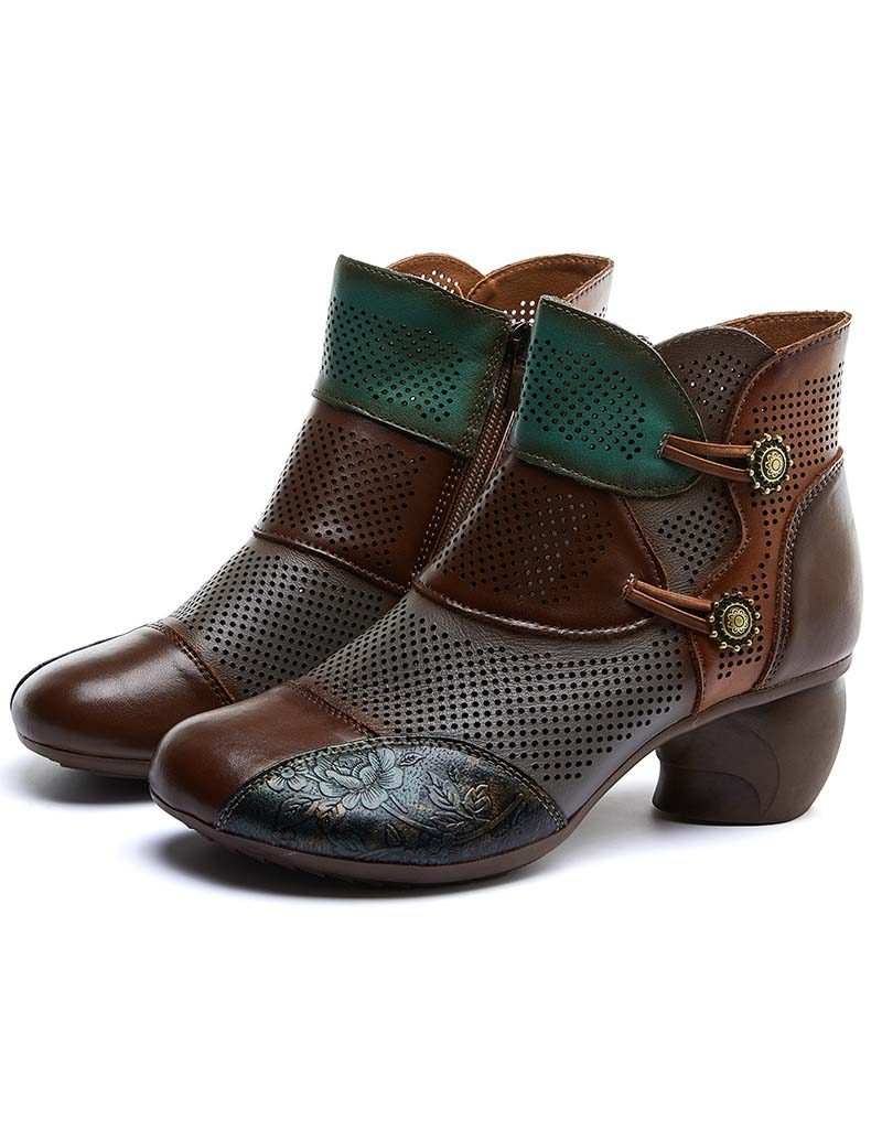 Handgemaakte Hollow Vintage Chunky Booties Met Kleurblokken