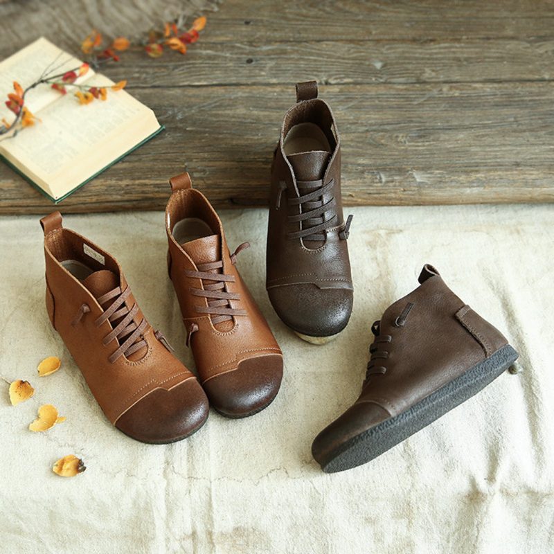 Herfst Retro Lederen Zachte Onderkant Japanse Stijl Dameslaarzen | Cadeau Schoenen