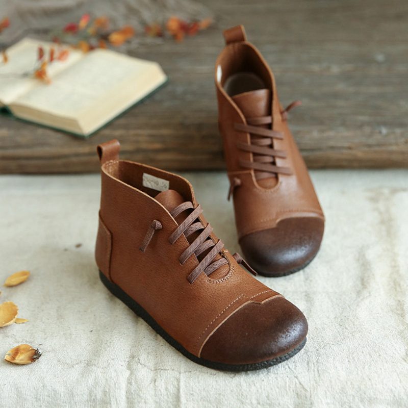 Herfst Retro Lederen Zachte Onderkant Japanse Stijl Dameslaarzen | Cadeau Schoenen