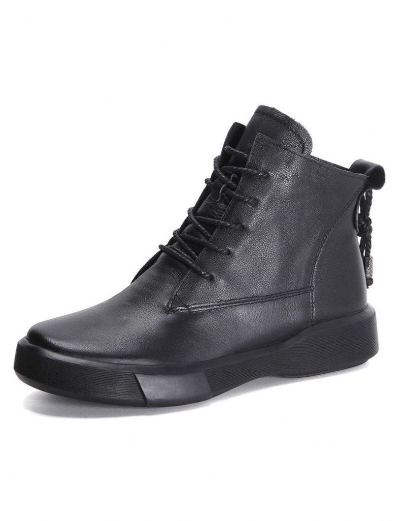 Lace Up Winter Leren Korte Laarzen Zwart