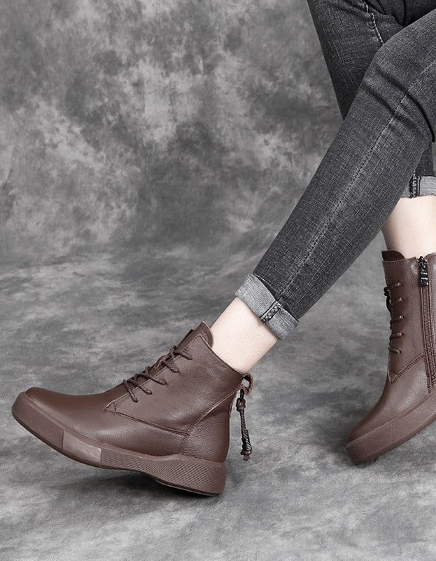 Lace Up Winter Leren Korte Laarzen Zwart