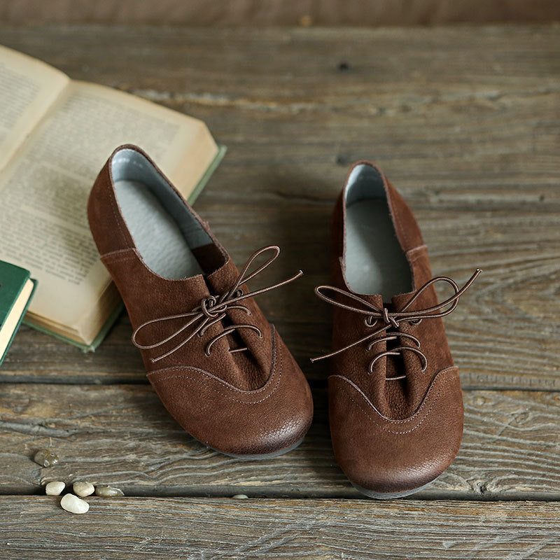 Comfortabele Retro Leren Platte Schoenen Met Veters