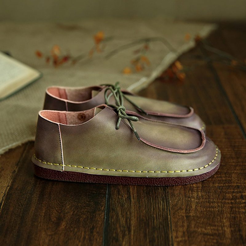 Comfortabele Zachte Leren Retro Platte Schoenen Met Veters