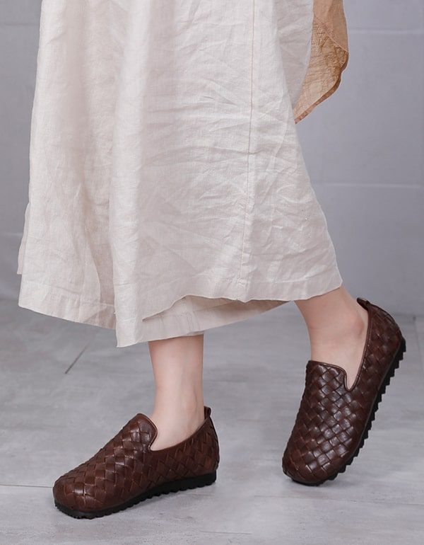 Dames Lederen Handgemaakte Geweven Retro Platte Loafers