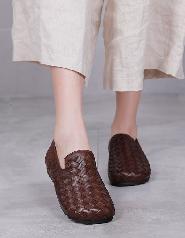 Dames Lederen Handgemaakte Geweven Retro Platte Loafers