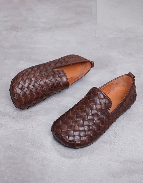 Dames Lederen Handgemaakte Geweven Retro Platte Loafers