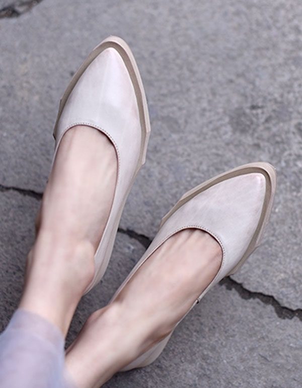 Handgemaakte Retro Leren Platte Puntige Pumps