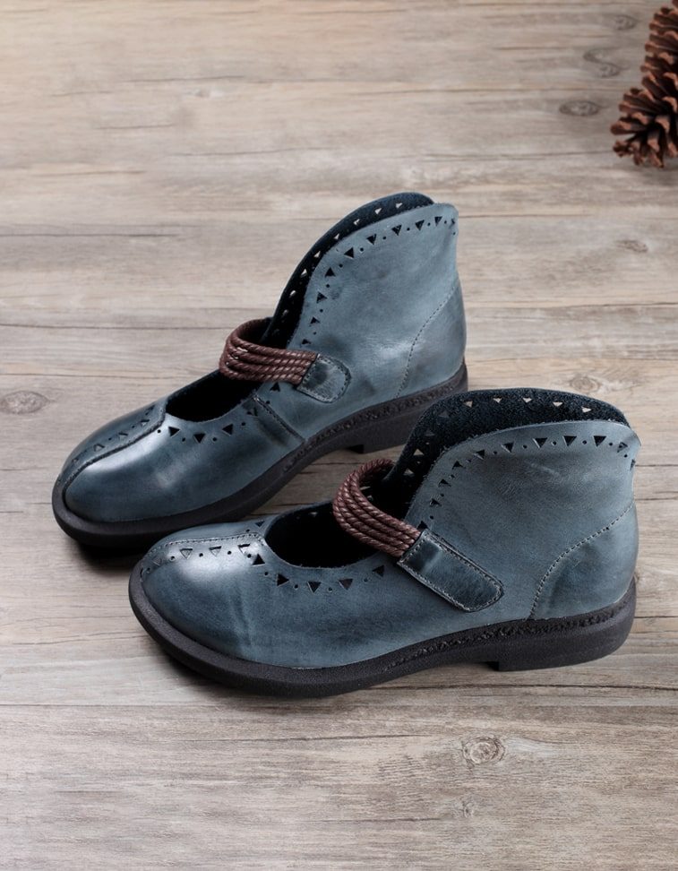 Handgemaakte Retro Leren Platte Schoenen Blauw