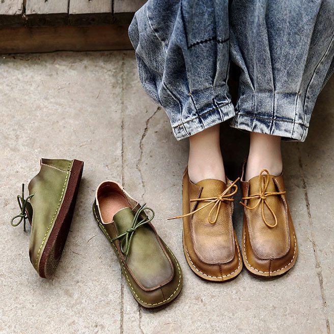 Japanse Retro Lederen Zachte Bodem Casual Naaien Vrouwen Platte Schoenen | Geschenkschoenen