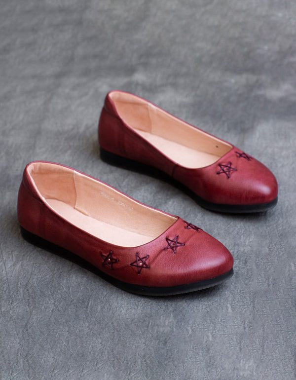 Lente Retro Leren Platte Schoenen Handgemaakte Puntige Pumps