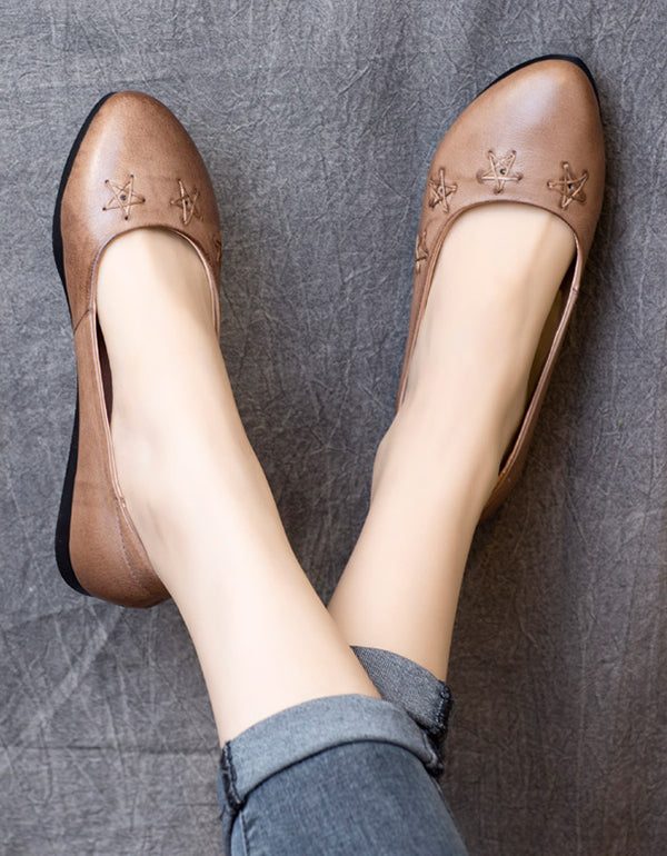 Lente Retro Leren Platte Schoenen Handgemaakte Puntige Pumps