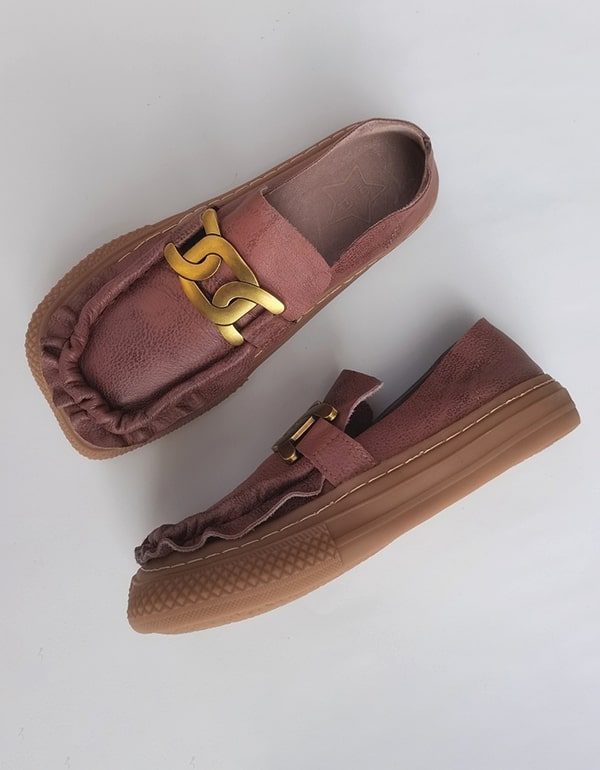 Zachte Leren Retro Comfortabele Loafers Met Metalen Ketting