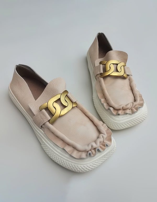 Zachte Leren Retro Comfortabele Loafers Met Metalen Ketting