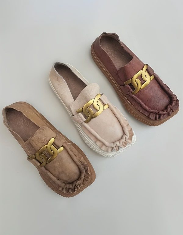 Zachte Leren Retro Comfortabele Loafers Met Metalen Ketting