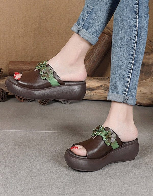 Dameshandgemaakte Retro Wedge-slippers Met Bloem 35-44