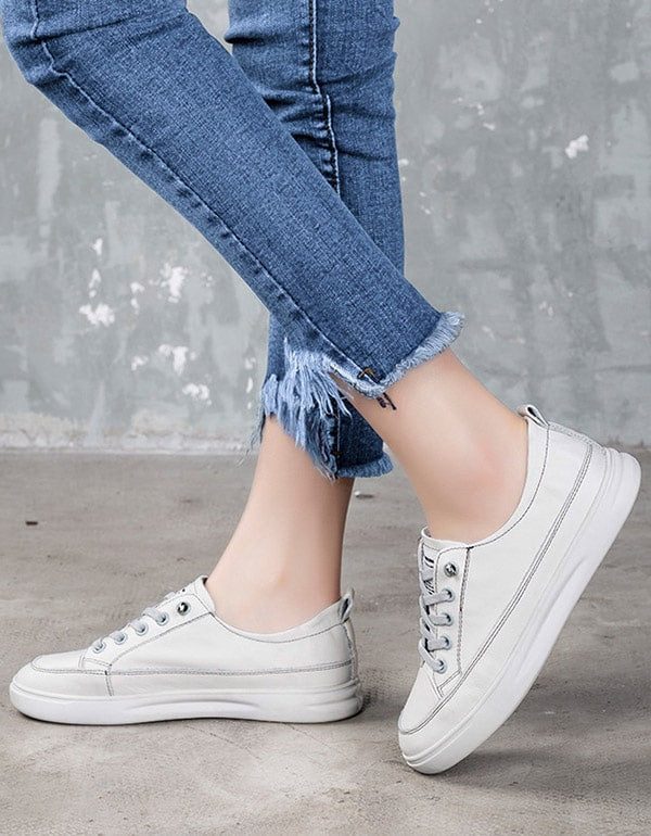 Casual Lederen Sneakers Voor Dames Wit