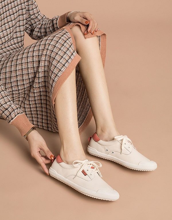 Lente Beige Lederen Sneakers Voor Dames