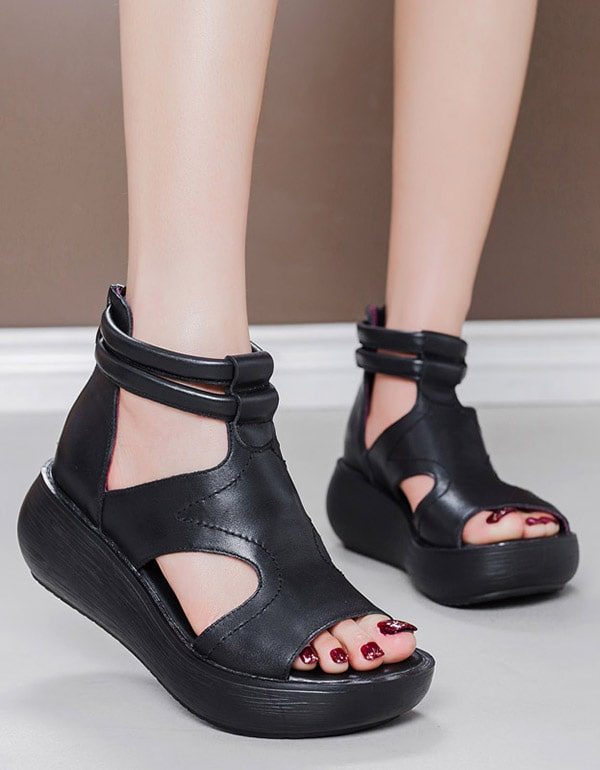 2022 Retro Leren Zomer Wedge Sandalen