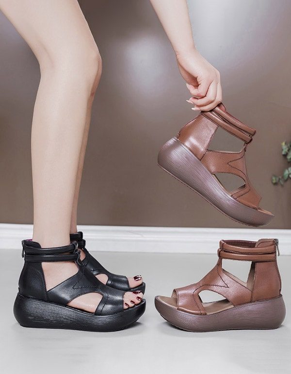 2022 Retro Leren Zomer Wedge Sandalen