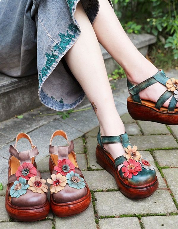 Close Toe Wedge Heel Flower Leren Zomersandalen