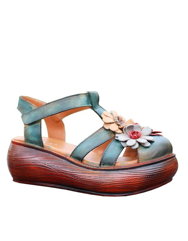 Close Toe Wedge Heel Flower Leren Zomersandalen