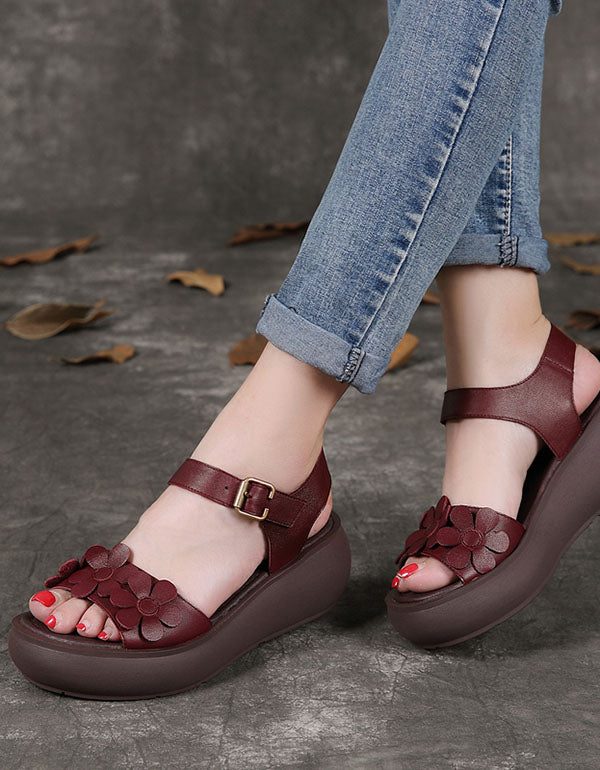 Comfortabele Lederen Retro Handgemaakte Bloemensandalen