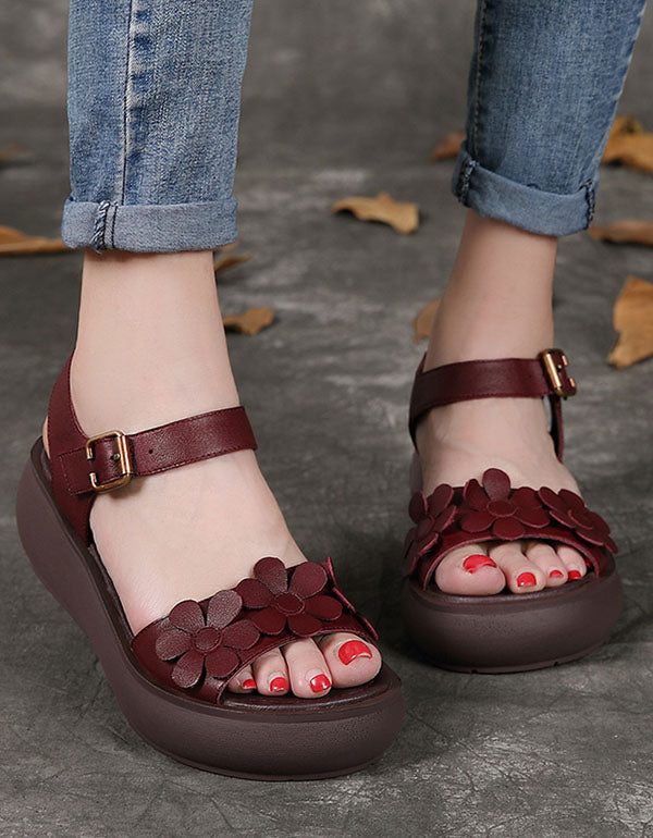 Comfortabele Lederen Retro Handgemaakte Bloemensandalen