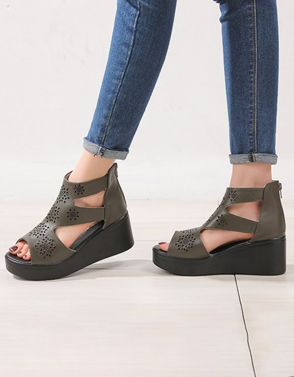 Dames Handgemaakte Retro Cut-out Wedge Enkel Sandalen