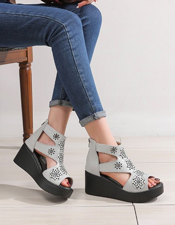 Dames Handgemaakte Retro Cut-out Wedge Enkel Sandalen