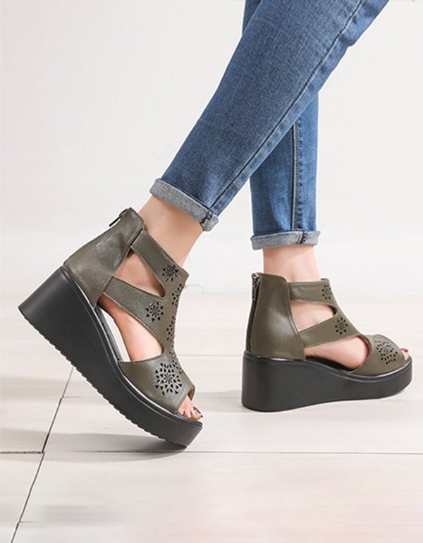 Dames Handgemaakte Retro Cut-out Wedge Enkel Sandalen