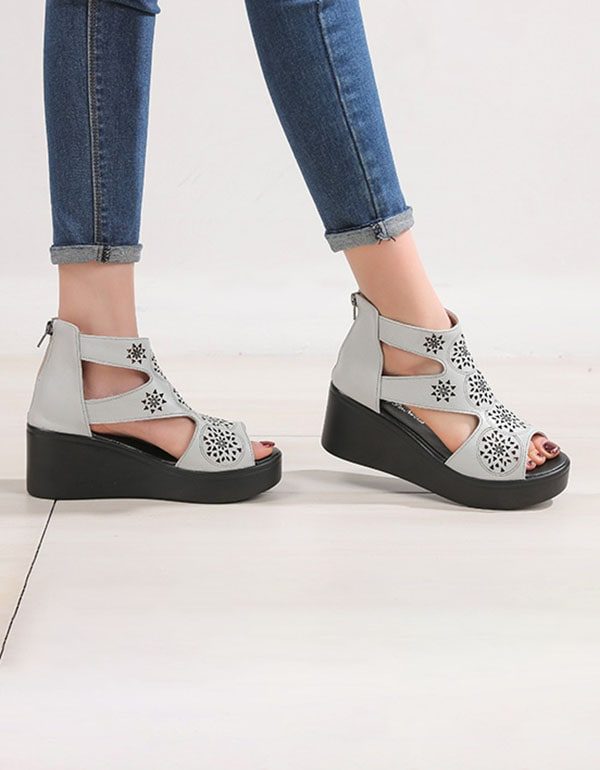 Dames Handgemaakte Retro Cut-out Wedge Enkel Sandalen