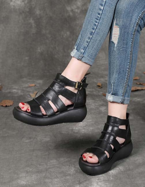 Dames Retro Leren Enkelband Sandalen Zwart