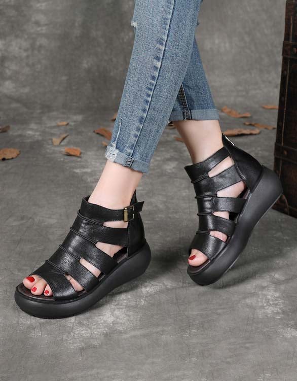 Dames Retro Leren Enkelband Sandalen Zwart