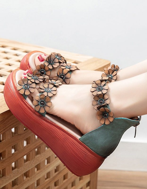 Handgemaakte Leren Bloem Zomer Sandalen Groen