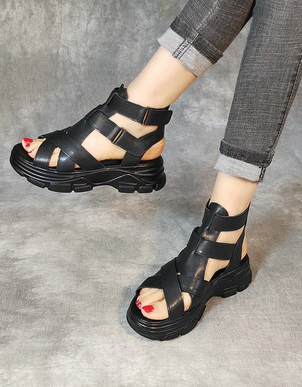 Handgemaakte Retro Leren Platform Sandalen