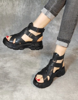 Handgemaakte Retro Leren Platform Sandalen