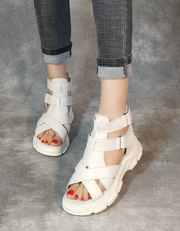 Handgemaakte Retro Leren Platform Sandalen