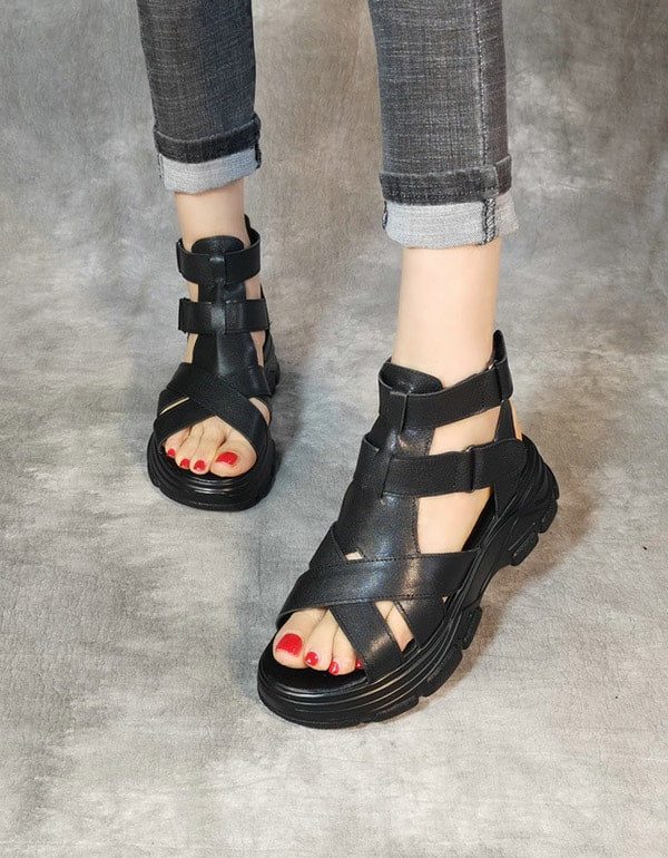 Handgemaakte Retro Leren Platform Sandalen