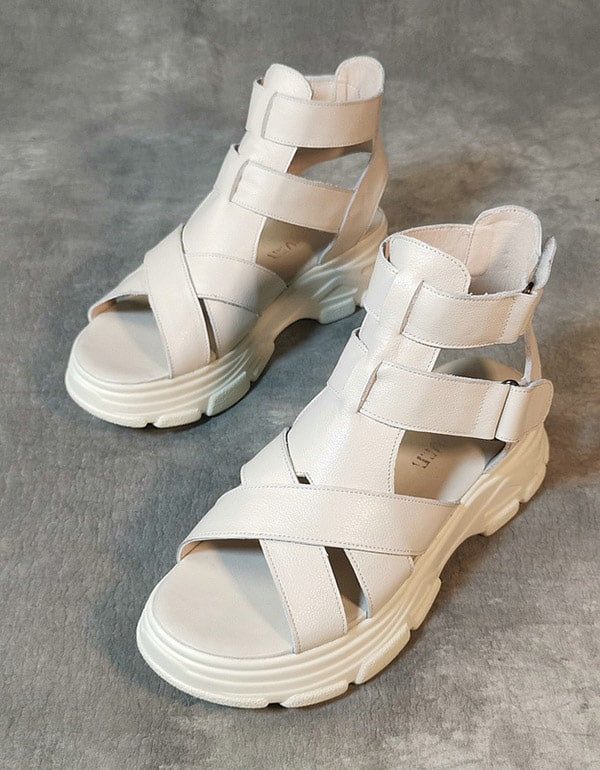 Handgemaakte Retro Leren Platform Sandalen