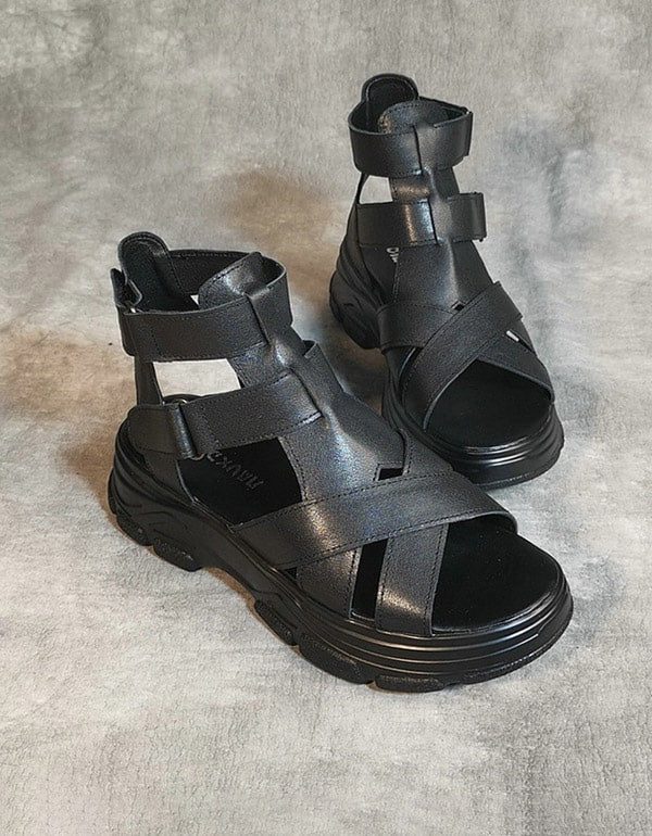 Handgemaakte Retro Leren Platform Sandalen