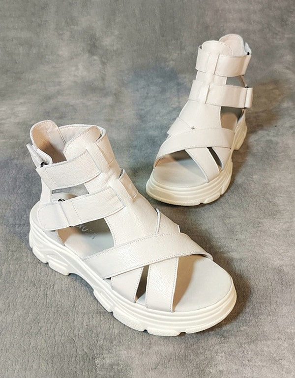 Handgemaakte Retro Leren Platform Sandalen