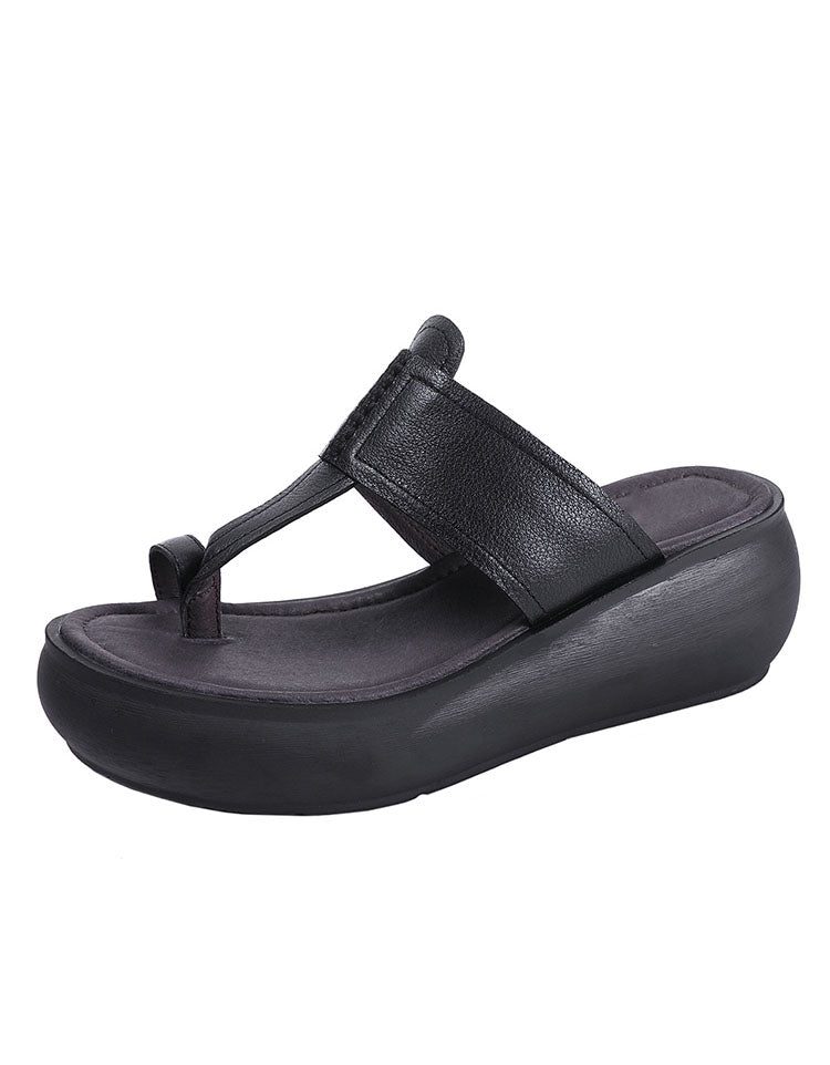 Handgemaakte Retro Leren Teenslippers Wedge Sandalen