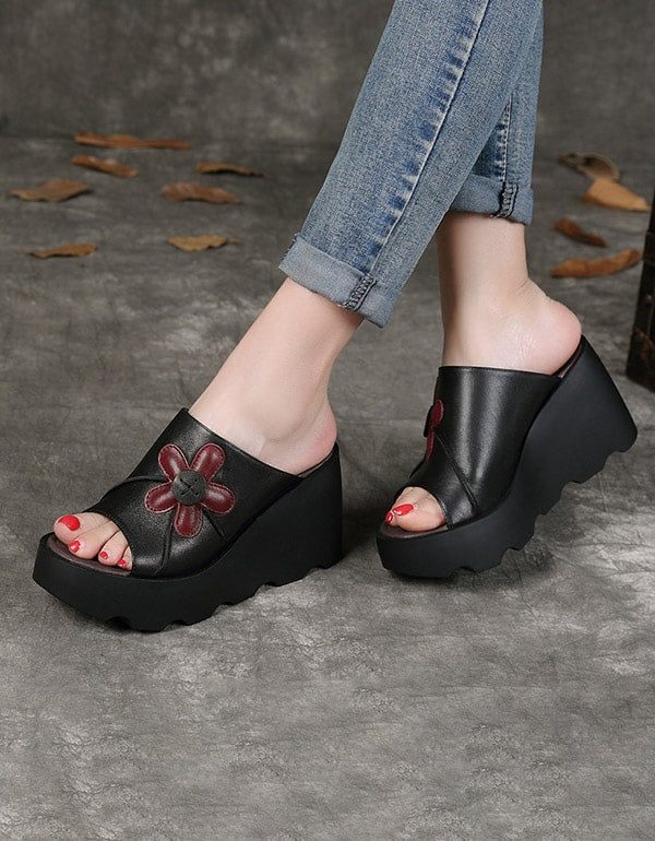 Handgemaakte Retro Zomer Zwarte Wedge Slippers