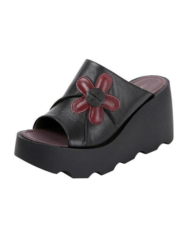 Handgemaakte Retro Zomer Zwarte Wedge Slippers