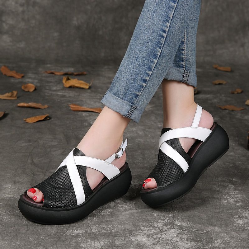 Leren Visteen Gesp Wedge Zomersandalen