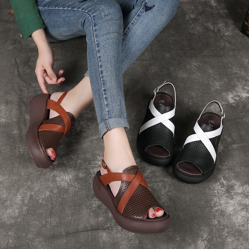 Leren Visteen Gesp Wedge Zomersandalen