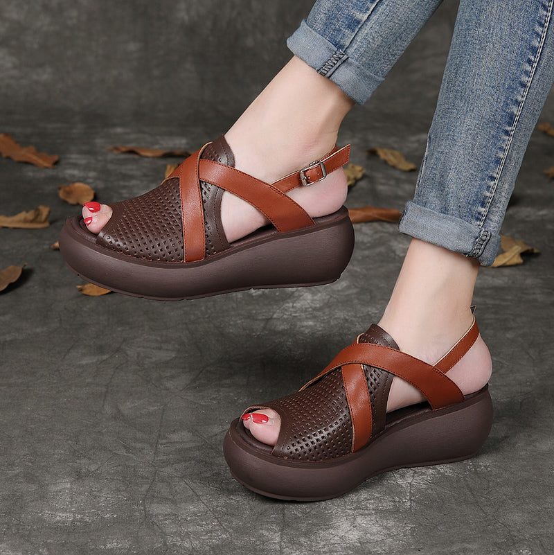 Leren Visteen Gesp Wedge Zomersandalen