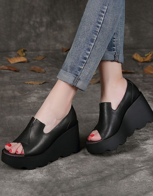 Leren Wedge Heels Vis Teen Mode Sandalen