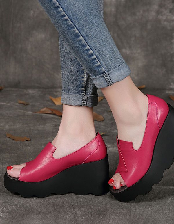 Leren Wedge Heels Vis Teen Mode Sandalen